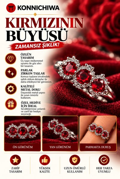 FG KONNİCHİWA Red Three-Stone Zircon Ring – Elegant Metal Design