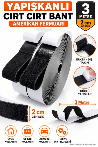 Dünya Magnet 3 Metre Yapışkanlı Siyah Cırt Cırt Bant 2 cm Genişlik Amerikan F...