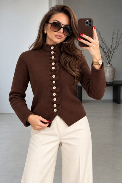 Trend Kapında Cardigan de damă cu guler înalt, cu volane și nasturi