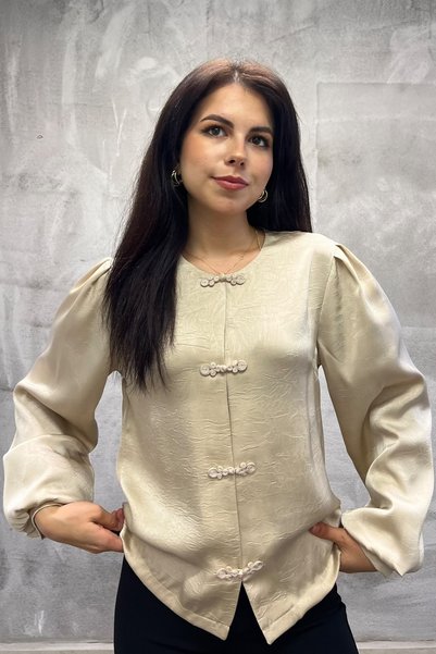 sunfyre Women's Satin Embellished Button-Down Balloon-Sleeve Crew Neck Blouse...