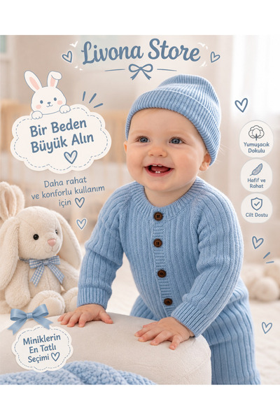 Butik Mavi Yumuşak Örgü Yenidoğan Takımı (Tulum + Bere)