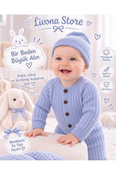 Butik Lilamsı Mavi Yumuşak Örgü Yenidoğan Takımı (Tulum + Bere)