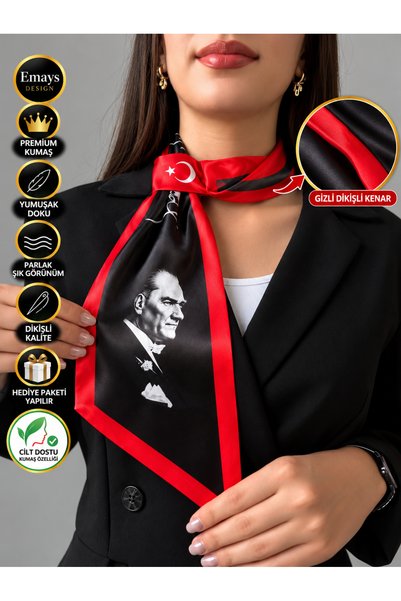 EMAYS DESIGN Atatürk İmzalı Premium Saten Kravat Eşarp Fular – Türk Bayrağı D...