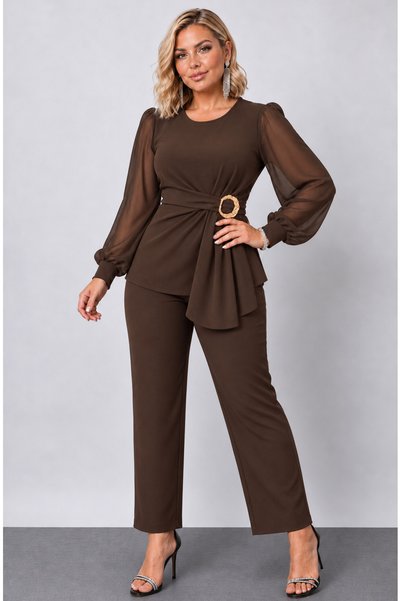 Butik Nilyam Women's Plus Size Crew Neck Asymmetrical Cut Waist Circle Brooch...