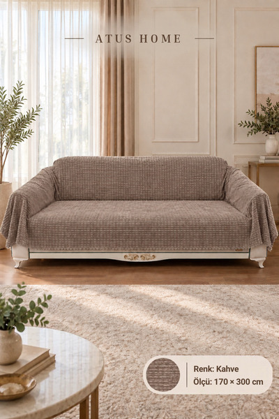 ATUSHOME 170x300 Kaymaz Tabanlı Premium Peluş Koltuk Örtüsü Şerit Desen Yumuş...
