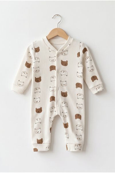 hobbe baby Ayıcık Desenli Bebek Tulumu 3-6-9 Ay % 100 Pamuk