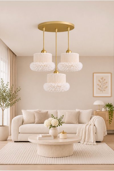 Elizim Home Lighting Alessa 3’lü Tütü Avize – Eskitme Tepsili Beyaz Tül Başlı...
