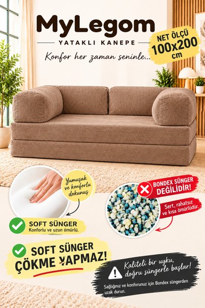 Mygusi MyLegom 100x200 Açılabilir Yataklı Kanepe, Fitilli Kadife Katlanır Din...