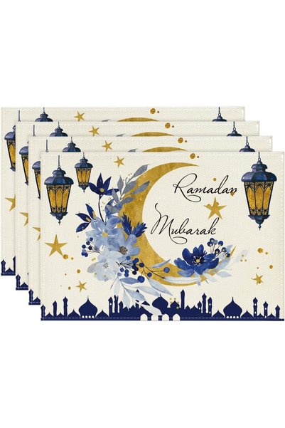 Generic مجموعة مفارش طاولة رمضان بنقشة قلعة الفوانيس والزهور - 4 قطع، بحجم 12...