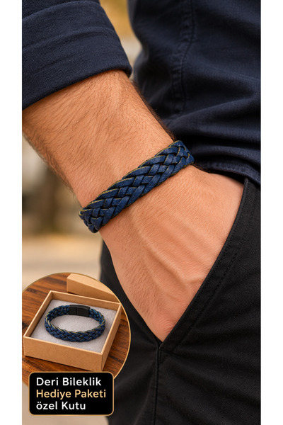 HER ŞEY NOTA www.herseynota.com Norqevian Azulra Navy Blue Leather Men's Brac...