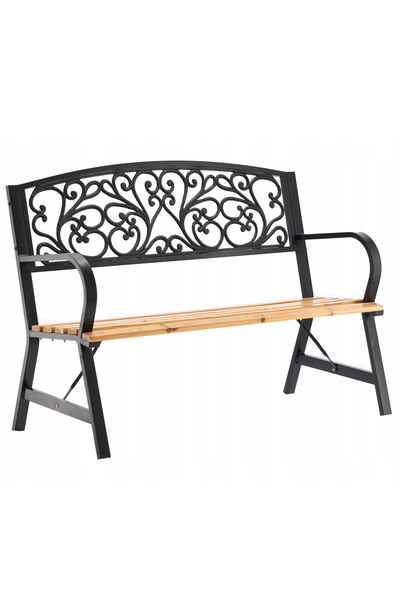 OEM Banca de gradina din lemn si cadru otel, cu spatar decorativ, 120x56x87 c...