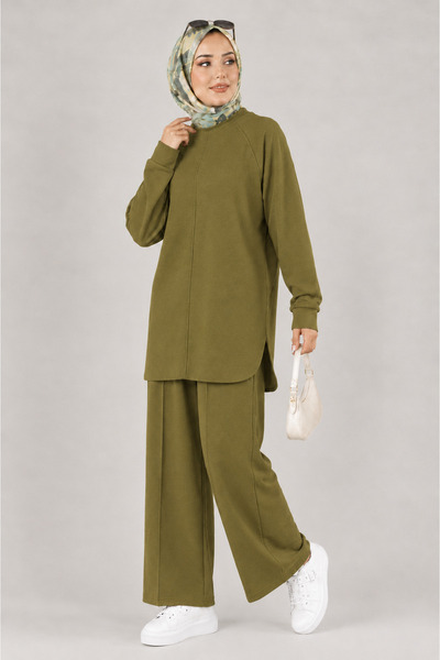 ZELASU Modal Fabric Ribbed-Stitch Modest Two-Piece Set in Olive Green: Tunic ...
