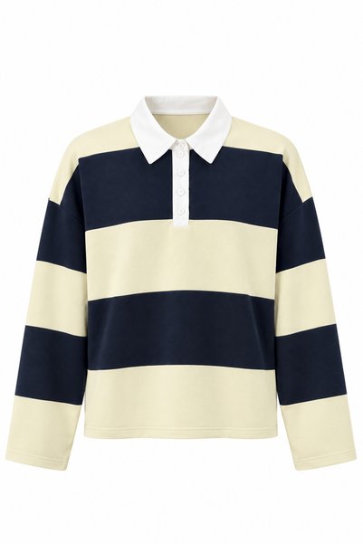 HAZELANNA Kontrast Polo Yaka Krem-Lacivert Çizgili Sweat