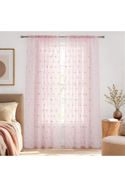 CATIANO Perdea din Voal Roz cu Pompon 140x260cm