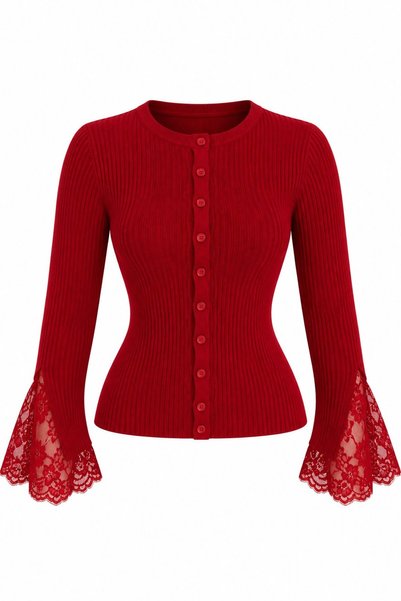 Laluvia Red Knit Cardigan with Lace Detail - 0207