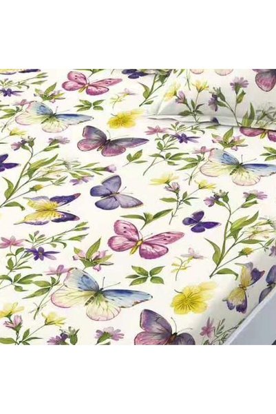 OEM Cearșaf cu elastic 160x200 cm cu fluturi mov, roz și albaștri printre flo...