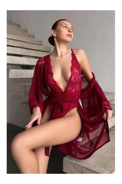VELVEEN Lily Bianca Sabahlıklı Transparan Dantel Fantezi Body
