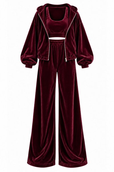 Laluvia Burgundy 100% Cotton Hooded Velvet 3-Piece Set - 0097