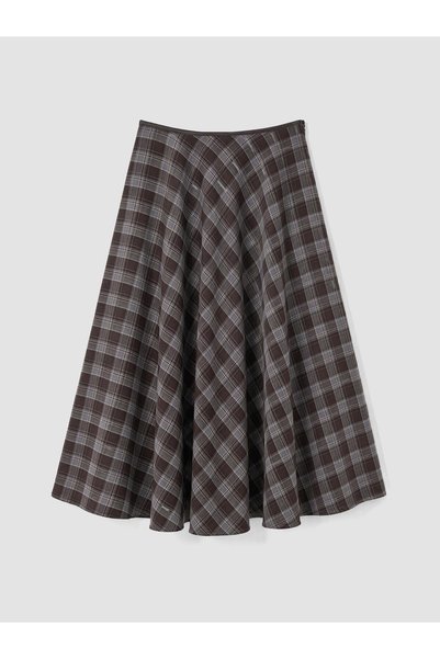 LC Waikiki Peak New Season Brown Zipper-Front Plaid Flared Skirt