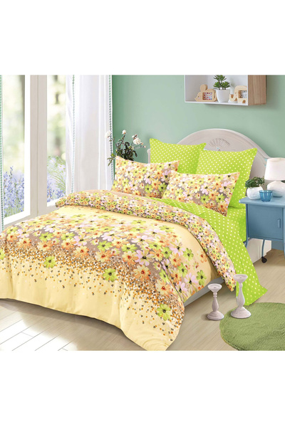 Primavara Set de lenjerie de pat elastică Finet, 6 piese, verde cu flori colo...