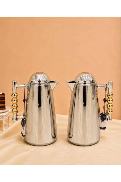 Rwafd Rema Silver Tramset on Gold Steel Exterior 1 Liter Tea and Coffee Set