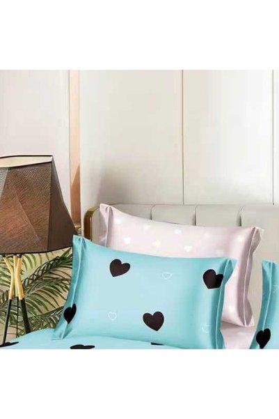 OEM Duvet Cover Set set with black hearts on turquoise and pale pink Bed Shee...