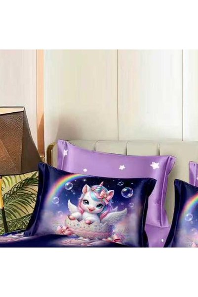 OEM Navy blue Duvet Cover Set with lilac, winged unicorns among rainbows and ...