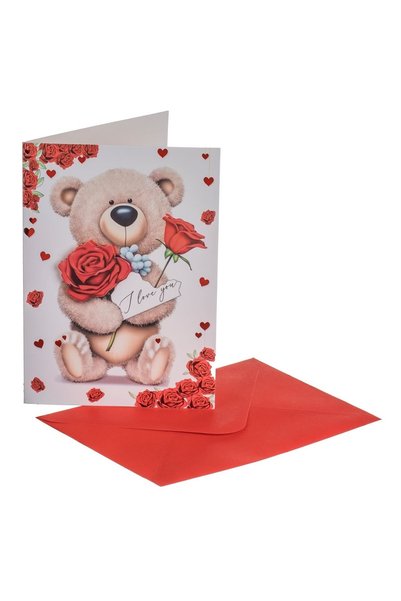 CATIANO Felicitare Alba cu Ursulet Trandafiri Inimioare cu Mesajul „I Love Yo...
