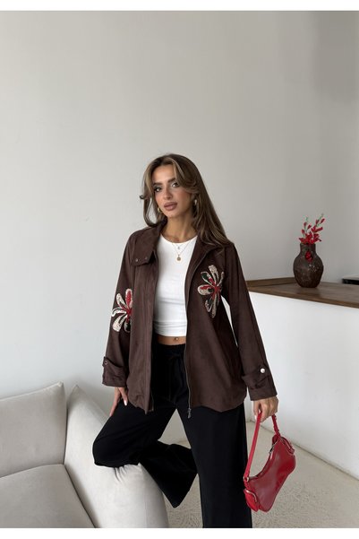 MİA NOURA Jachetă pentru femei din țesătură de suvet, cu mâneci, broderie cu ...