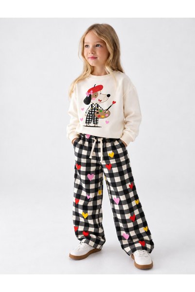 JABBER Girls' Set: Sweatshirt with Artist Dog Print and Pants with Heart-Shap...