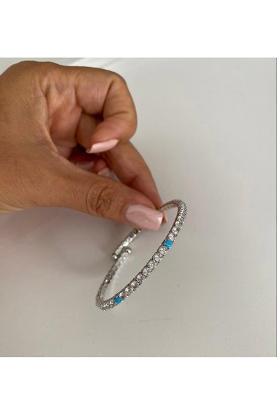 Bade Jewelry FD Silver Blue Stone Embellished Waterway Design Curved Tarnish-...
