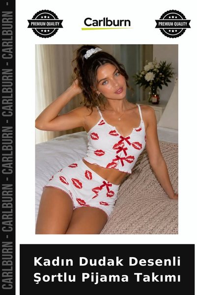 Carlburn Premium Women's Lip-Print Pajama Set with Shorts, Boxer Cut, Double-...