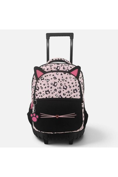 SHOPIENS Ghiozdan troler scoala primara negru si roz cu leopard pisicuta si b...