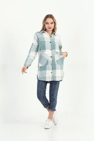Polologin Butik Women's Aqua Green - Cream Plaid Patterned Oversized Double-P...