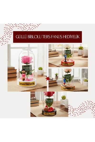 Yenilig 10 Adet Güllü Biblolu Ters Fanus – Öğretmenler Günü Hediyesi Masaüstü Dekor, Mini Fanus, Rose Dome, Teacher Gift