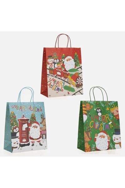SHOPIENS Pungi de cadou cu model mos craciun din hartie 27x14x33 cm set 3 buc...