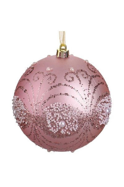 SHOPIENS Ornament Brad Craciun Glob Roz Mat Sclipici Margele Albe 12cm Shopiens®