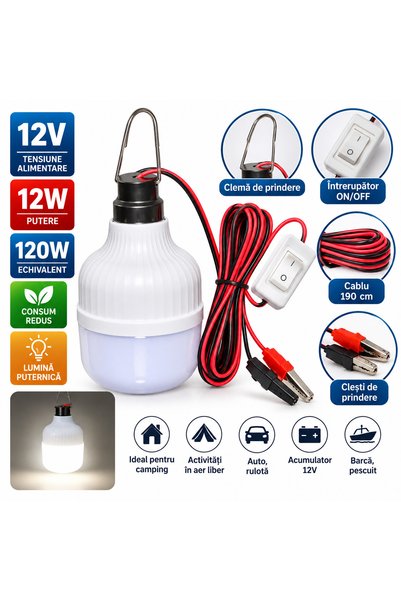 Generic Brand Bec de 12 V cu LED de 12 W/clești + întrerupător