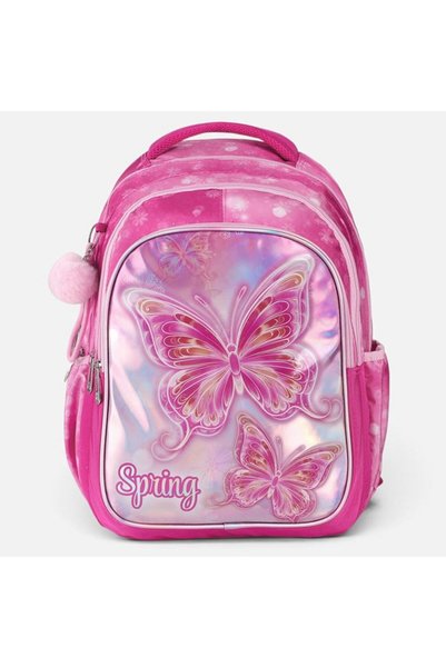 SHOPIENS Ghiozdan scoala primara fucsia holografic cu fluturi si breloc 31x19...
