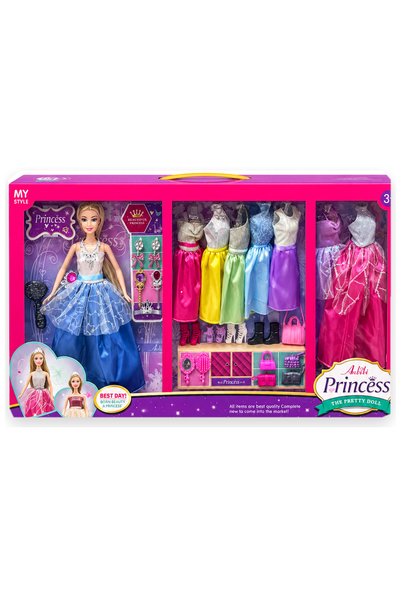 OEM Set Păpușă Prințesă cu 7 Rochii de Schimb, Pantofi, Genți și Accesorii Fa...