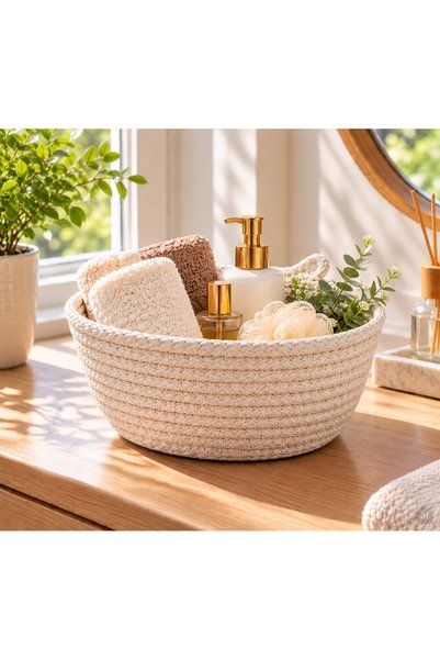 ÖRGÜM 20x9 cm Knitted Bathroom Storage Basket, Multipurpose Organizer for Cos...