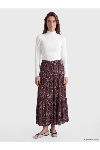 LC Waikiki Vision New Season Burgundy A-Line Skirt with Elastic Waistband and...
