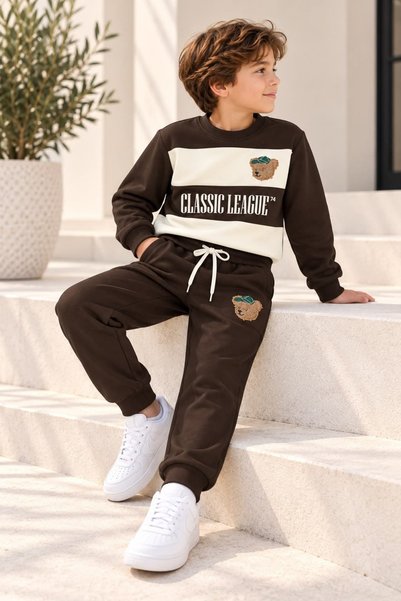Patriko BOYS' BRUSHED INSIDE BEAR-EMBROIDERED SWEATSHIRT AND PANTS SET