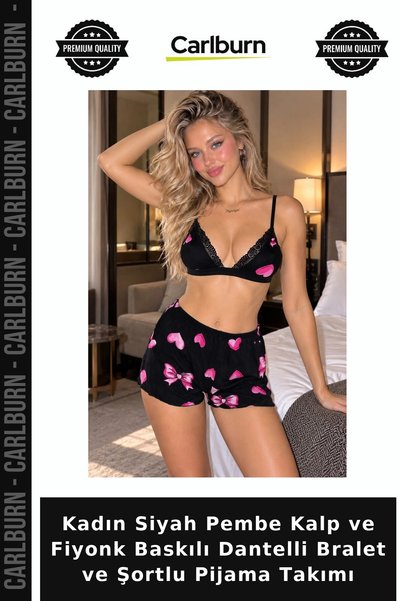 Carlburn Women's Black and Pink Lace Bralette and Shorts Pajama Set with Bow ...