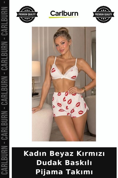 Carlburn Premium Women's White and Red Lip-Printed Pajama Set with Straps