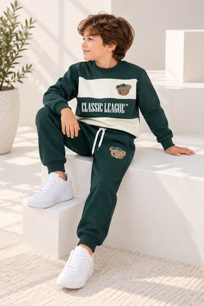 Patriko BOYS' BRUSHED INSIDE BEAR-EMBROIDERED SWEATSHIRT AND PANTS SET