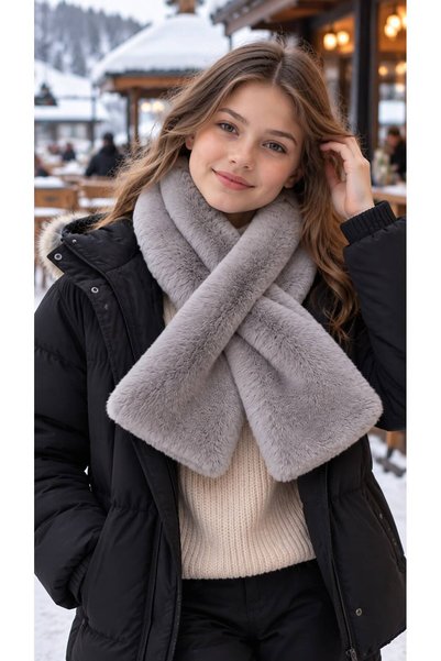 FELLMENS Anthracite Through-Hole Soft-Textured Plush Girls' Scarf