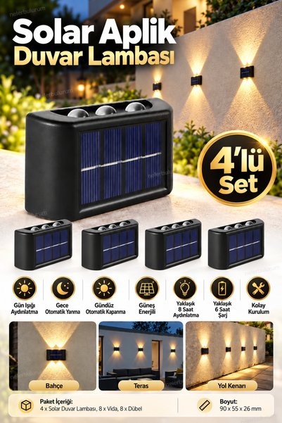nelerbulurum 4'lü Set Güneş Enerjili Solar LED Duvar Apliği Gün Işığı Otomati...