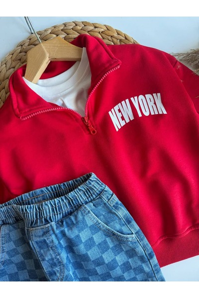 Patriko GIRLS' AND BOYS' MOCK NECK SWEATSHIRT AND CHECKERED DENIM PANTS SET