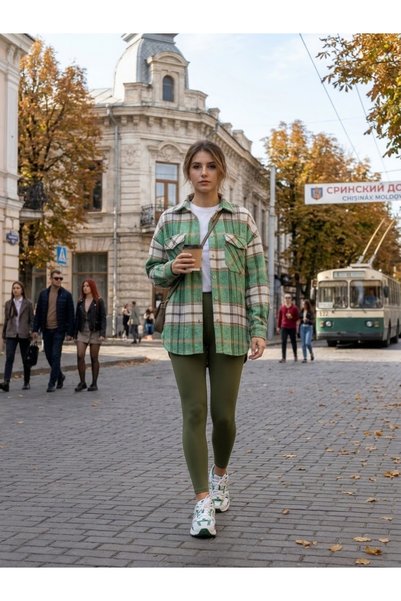Polologin Butik Women's Mint Green Plaid Oversized Flannel Shirt Jacket - Thi...